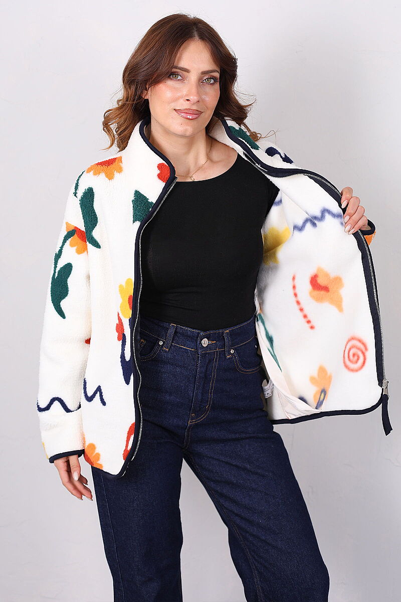 Çiçek Desenli Oversize Ekru Kadın Peluş Ceket - 4