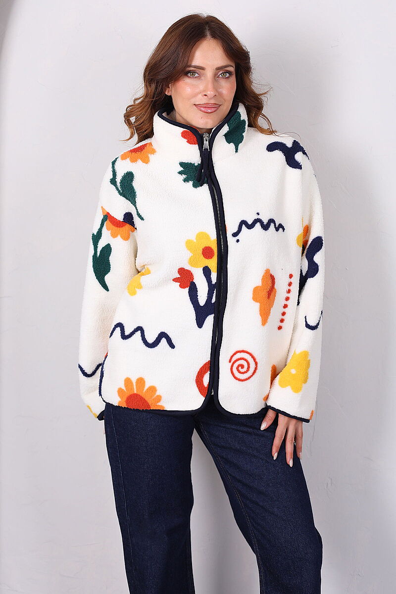 Çiçek Desenli Oversize Ekru Kadın Peluş Ceket - 6