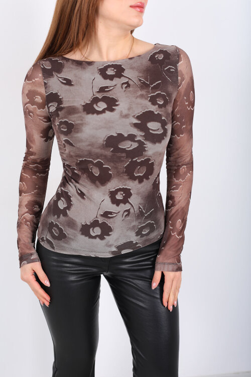 Çiçek Desenli Yanı Büzgülü Haki Kadın Tül Bluz - Berox (1)