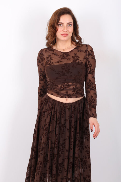 Çiçek Desenli Yanları Büzgülü Kahverengi Kadın Tül Bluz - 5