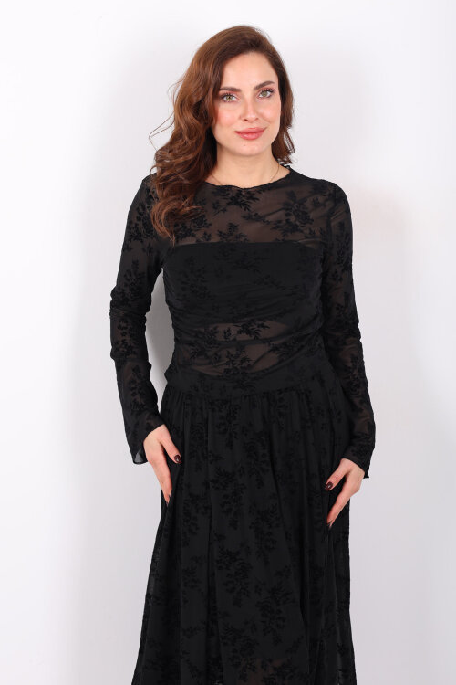 Çiçek Desenli Yanları Büzgülü Siyah Kadın Tül Bluz - 5