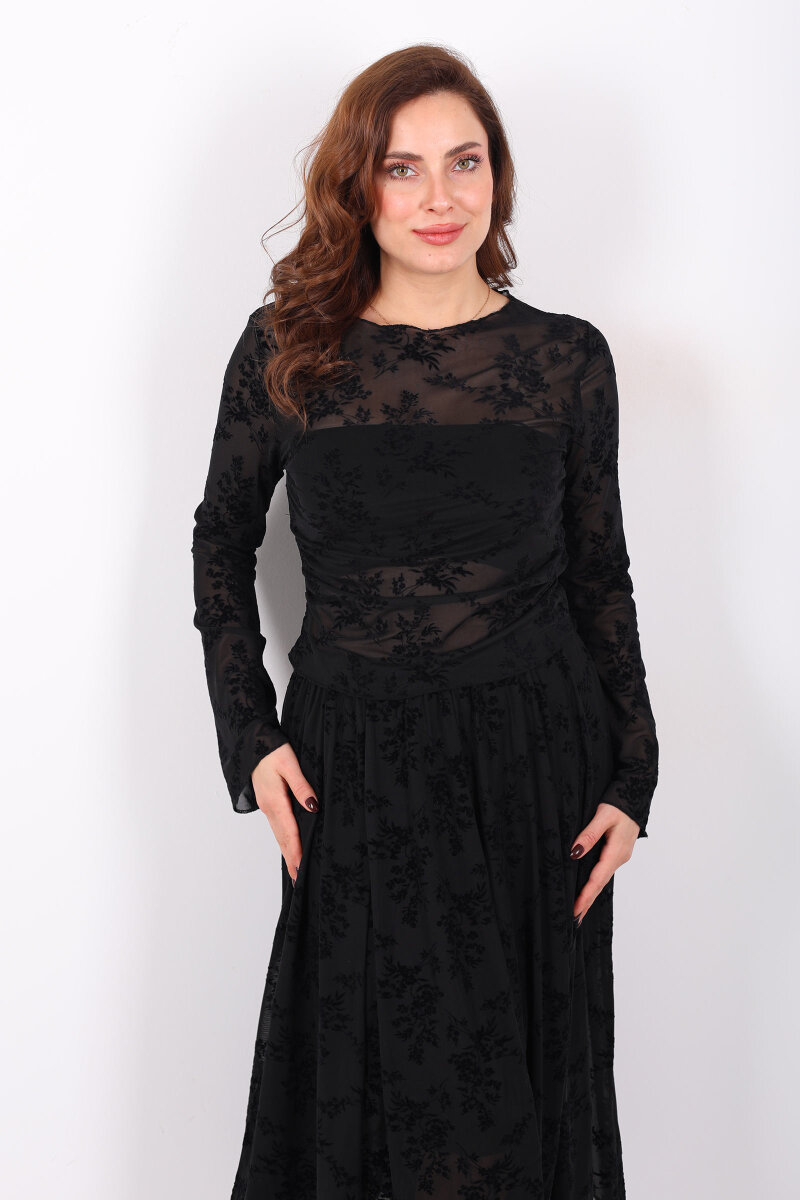 Çiçek Desenli Yanları Büzgülü Siyah Kadın Tül Bluz - 5