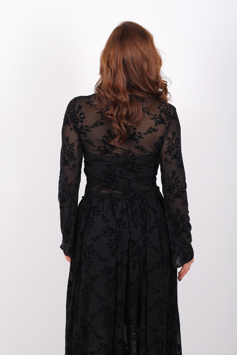 Çiçek Desenli Yanları Büzgülü Siyah Kadın Tül Bluz - 4