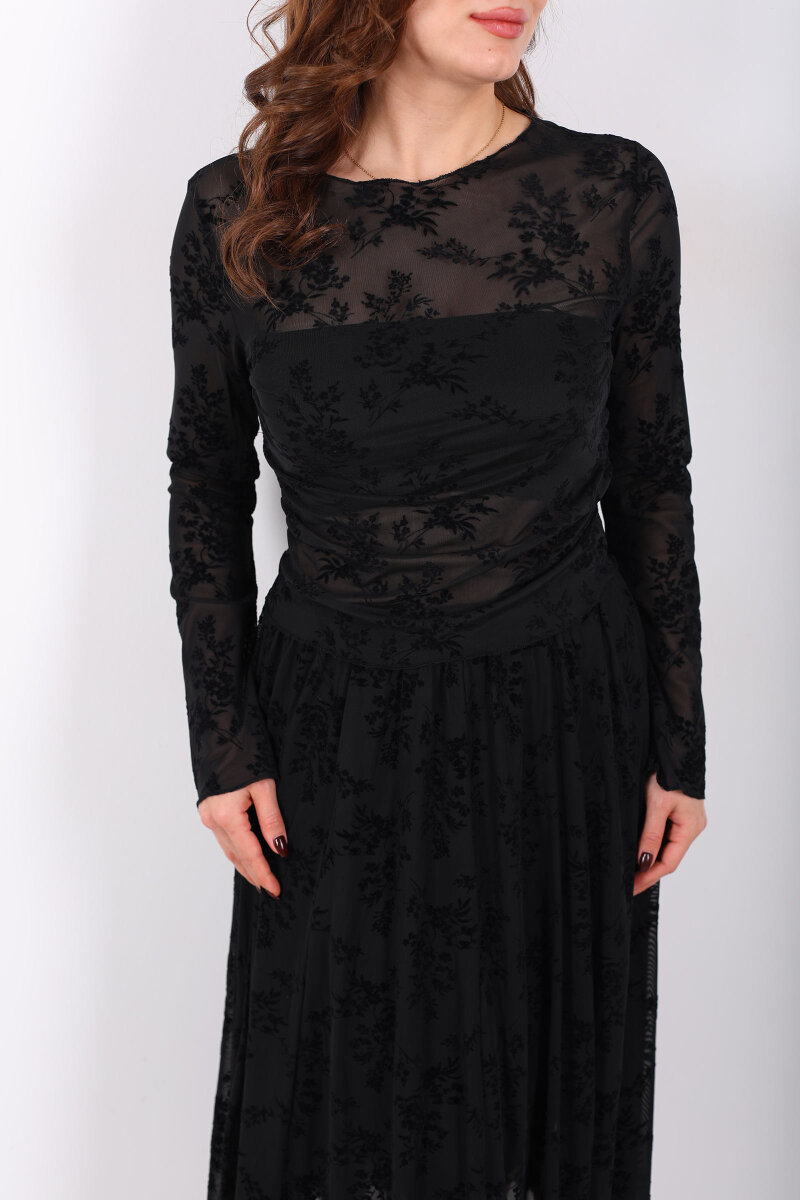 Çiçek Desenli Yanları Büzgülü Siyah Kadın Tül Bluz - 2