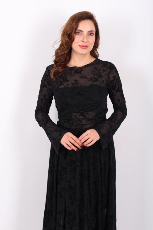 Çiçek Desenli Yanları Büzgülü Siyah Kadın Tül Bluz - Berox