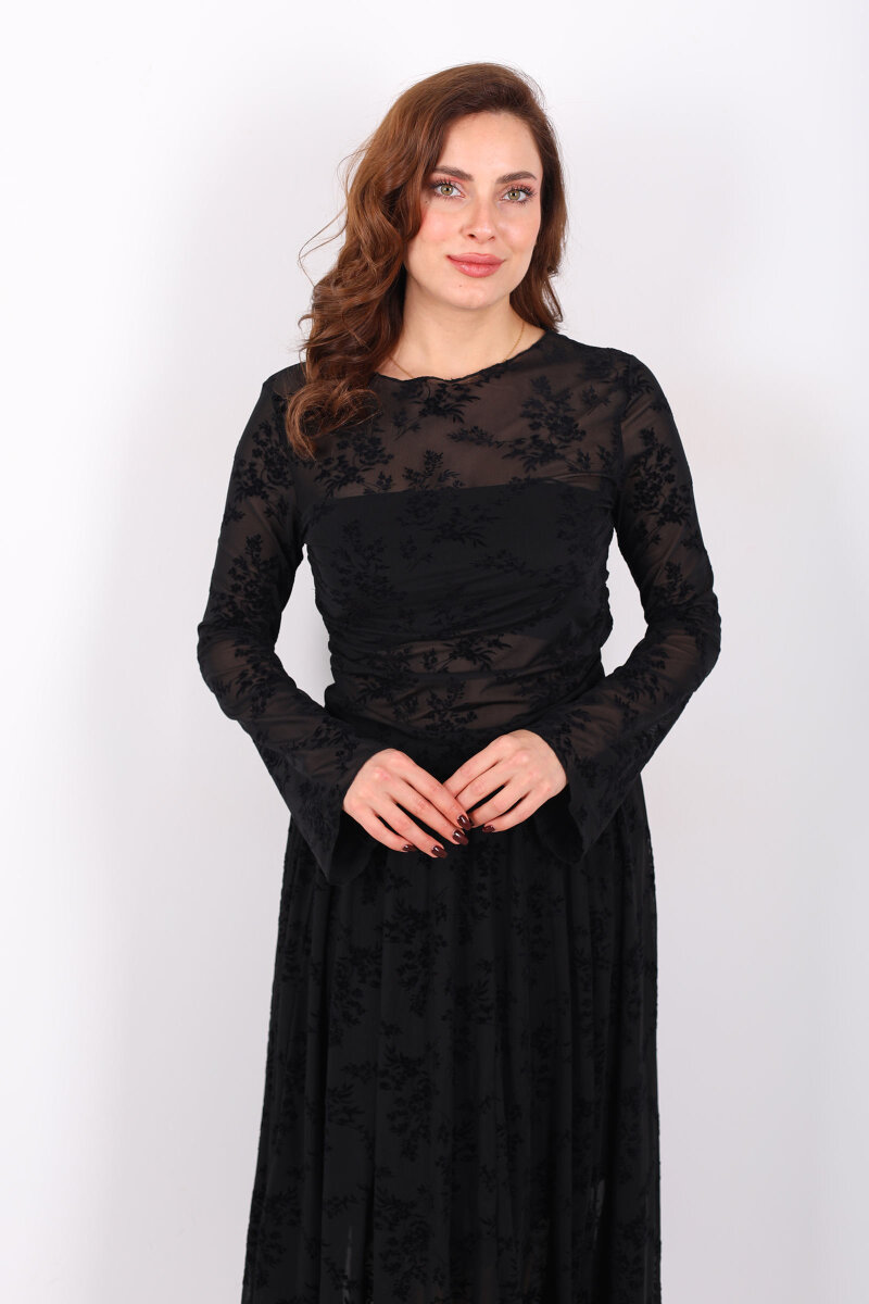 Çiçek Desenli Yanları Büzgülü Siyah Kadın Tül Bluz - 1