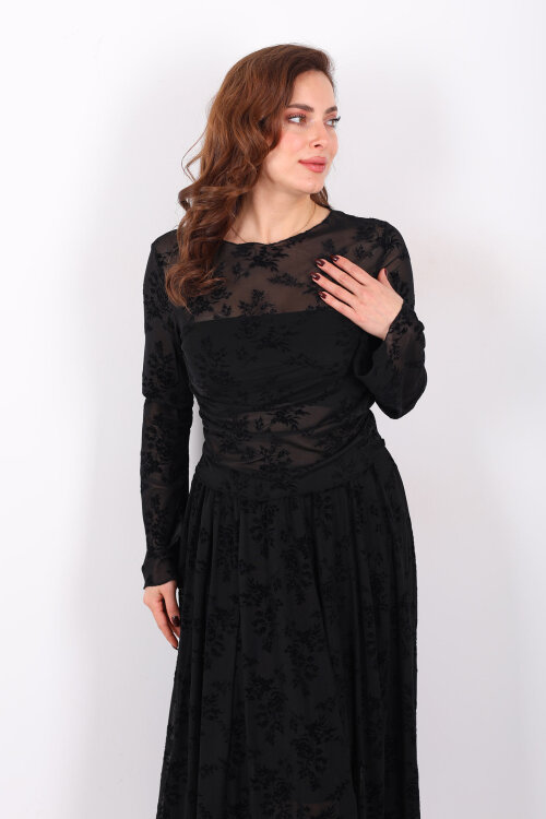 Çiçek Desenli Yanları Büzgülü Siyah Kadın Tül Bluz - 3