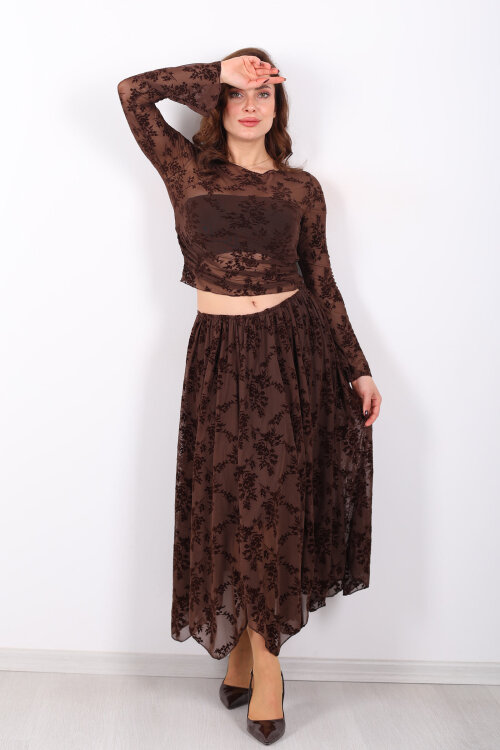 Çiçek İşlemeli Asimetrik Kahverengi Kadın Midi Tül Etek - 7