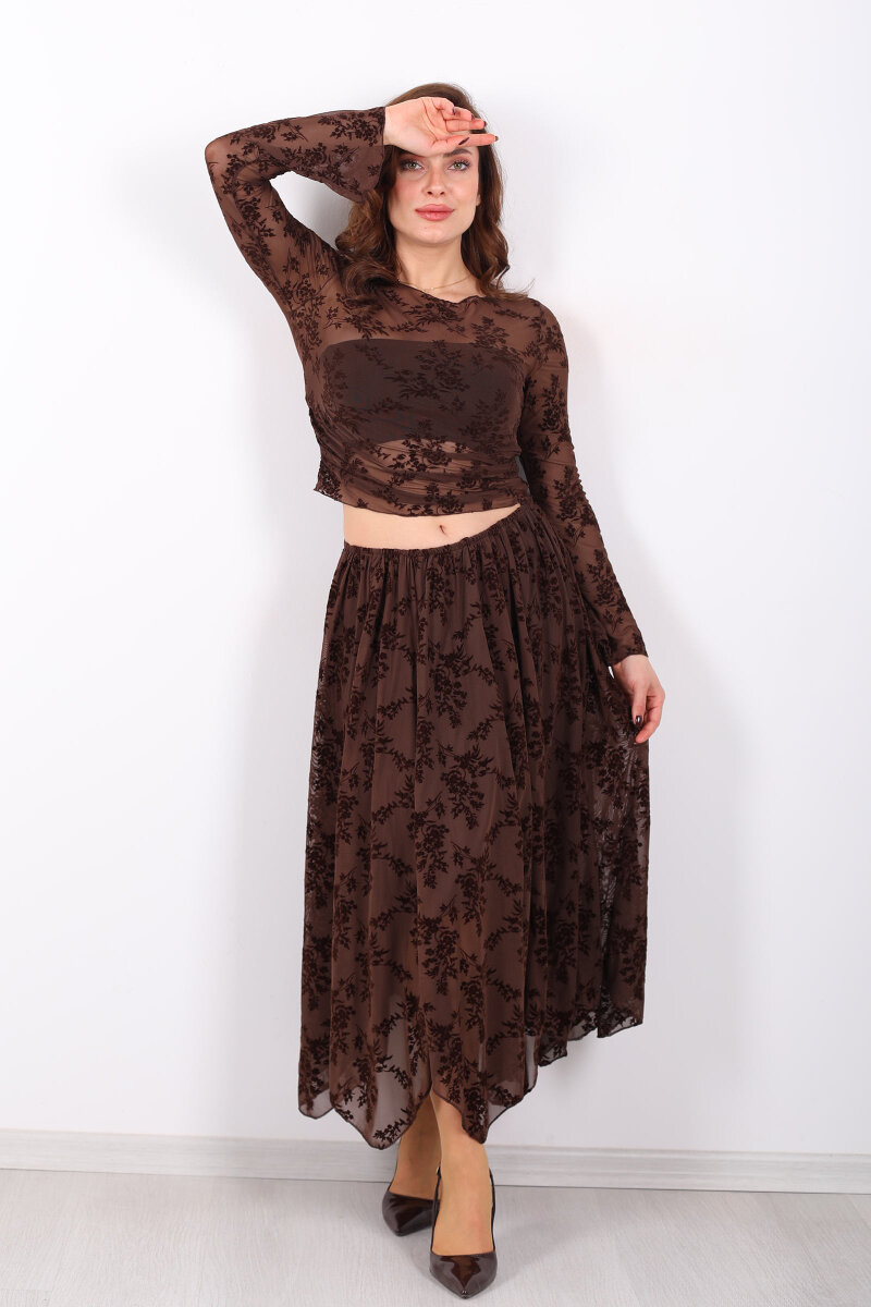 Çiçek İşlemeli Asimetrik Kahverengi Kadın Midi Tül Etek - 7