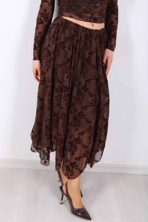 Çiçek İşlemeli Asimetrik Kahverengi Kadın Midi Tül Etek - Berox (1)