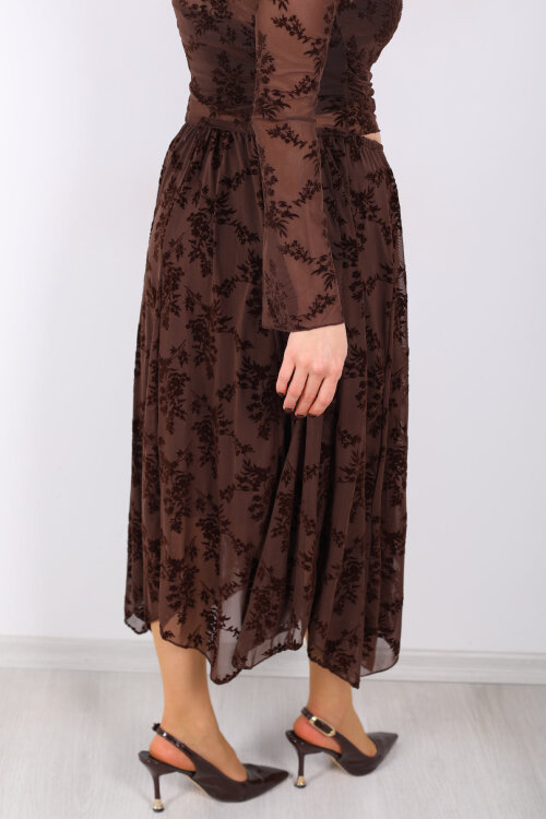 Çiçek İşlemeli Asimetrik Kahverengi Kadın Midi Tül Etek - 6