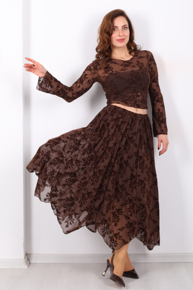Çiçek İşlemeli Asimetrik Kahverengi Kadın Midi Tül Etek - 1
