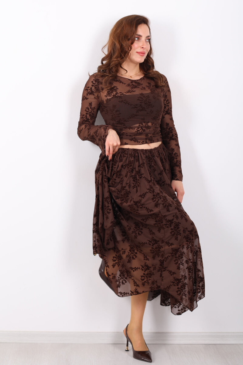 Çiçek İşlemeli Asimetrik Kahverengi Kadın Midi Tül Etek - 3
