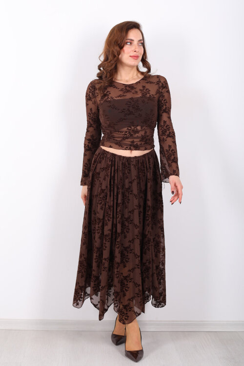 Çiçek İşlemeli Asimetrik Kahverengi Kadın Midi Tül Etek - 4