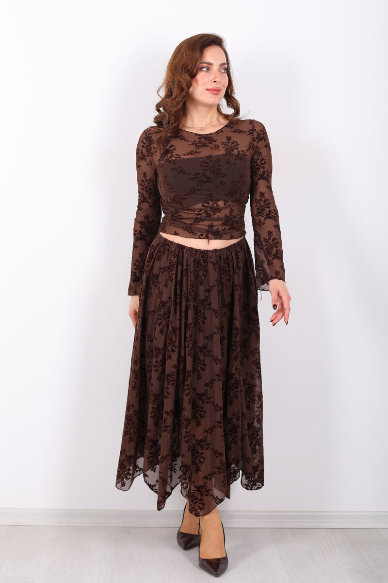 Çiçek İşlemeli Asimetrik Kahverengi Kadın Midi Tül Etek - 4