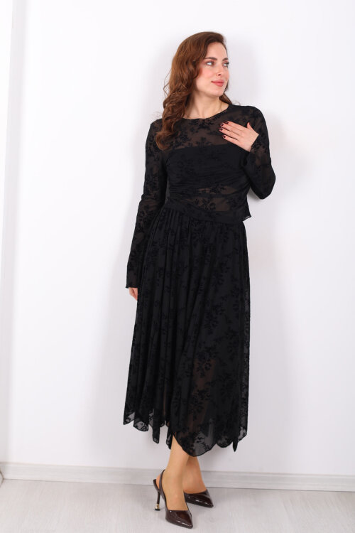 Çiçek İşlemeli Asimetrik Siyah Kadın Midi Tül Etek - 6