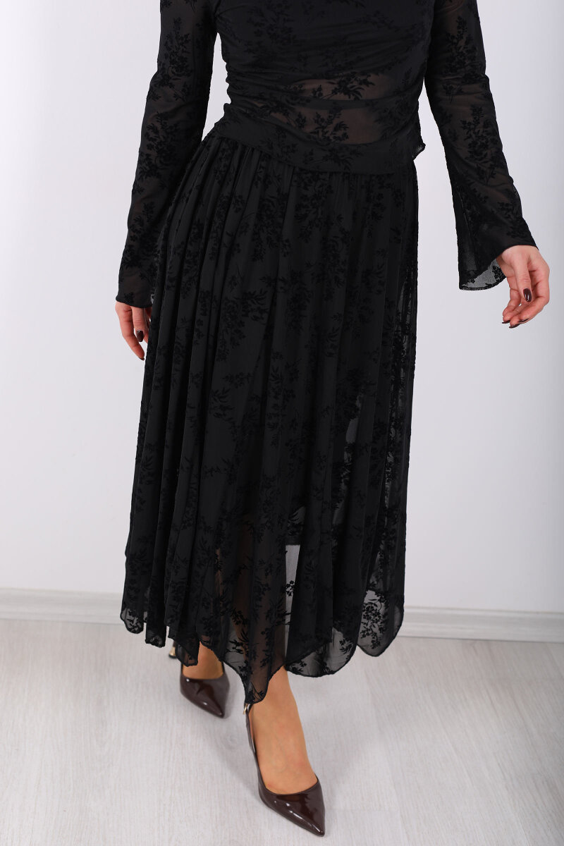 Çiçek İşlemeli Asimetrik Siyah Kadın Midi Tül Etek - 2