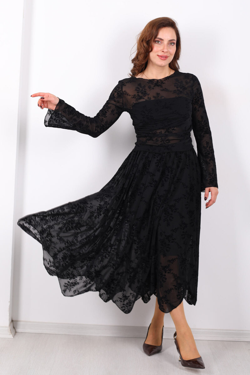 Çiçek İşlemeli Asimetrik Siyah Kadın Midi Tül Etek - 4