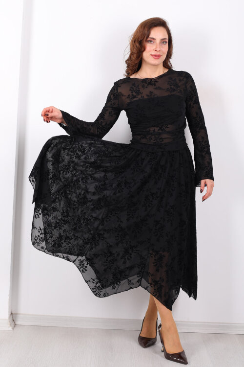 Çiçek İşlemeli Asimetrik Siyah Kadın Midi Tül Etek - Berox