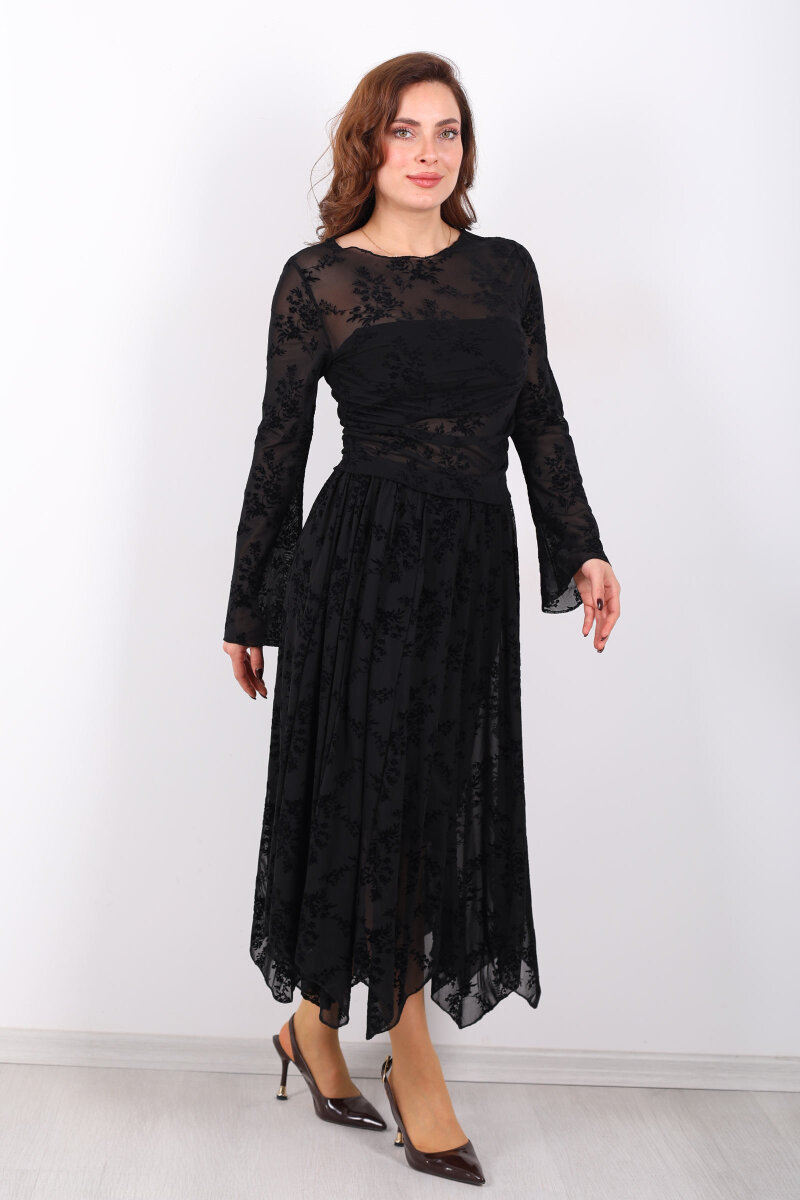 Çiçek İşlemeli Asimetrik Siyah Kadın Midi Tül Etek - 3