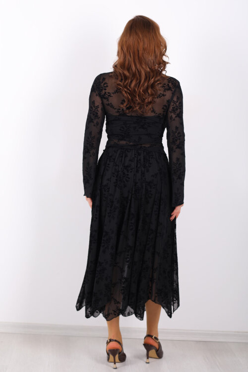 Çiçek İşlemeli Asimetrik Siyah Kadın Midi Tül Etek - 5