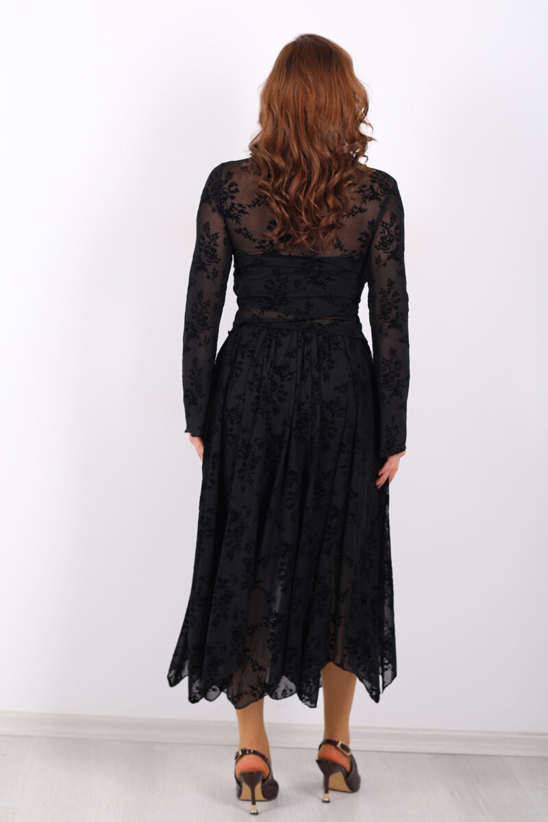 Çiçek İşlemeli Asimetrik Siyah Kadın Midi Tül Etek - 5