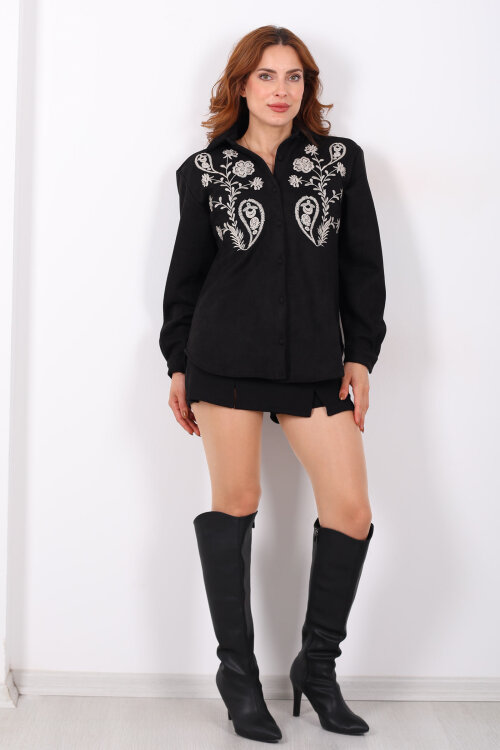 Çiçek Nakışlı Siyah Kadın Süet Gömlek - 6