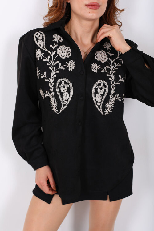 Çiçek Nakışlı Siyah Kadın Süet Gömlek - Berox (1)