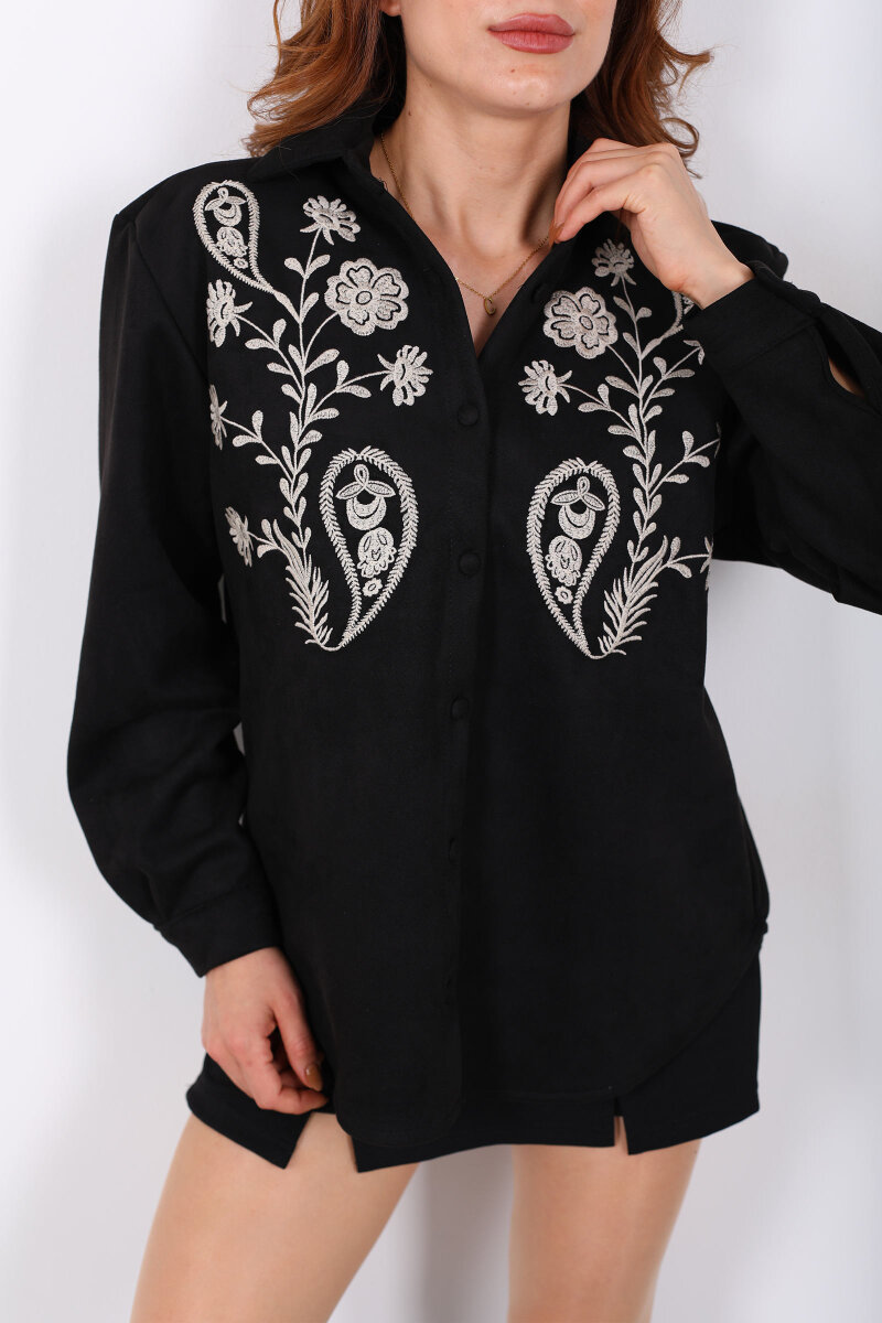 Çiçek Nakışlı Siyah Kadın Süet Gömlek - 2