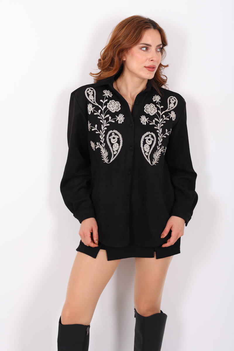Çiçek Nakışlı Siyah Kadın Süet Gömlek - 4