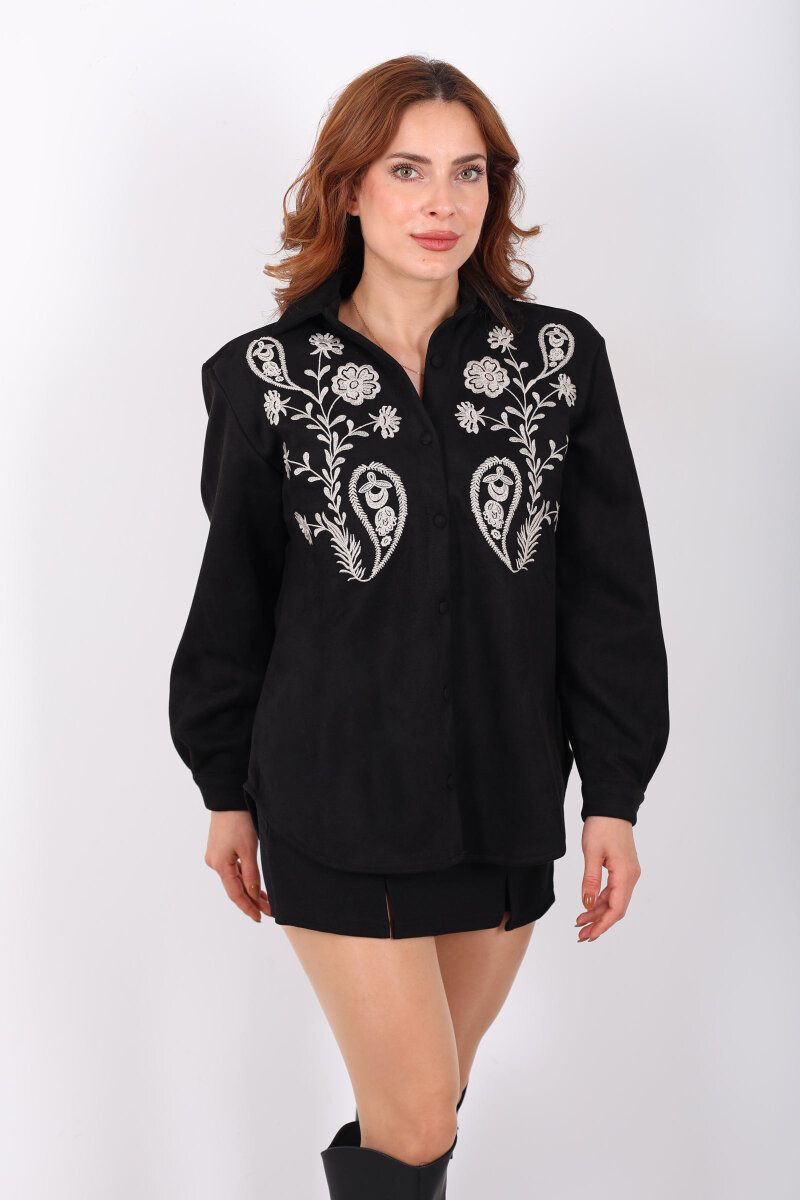 Çiçek Nakışlı Siyah Kadın Süet Gömlek - 1