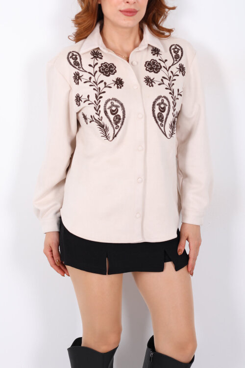Çiçek Nakışlı Taş Rengi Kadın Süet Gömlek - Berox (1)