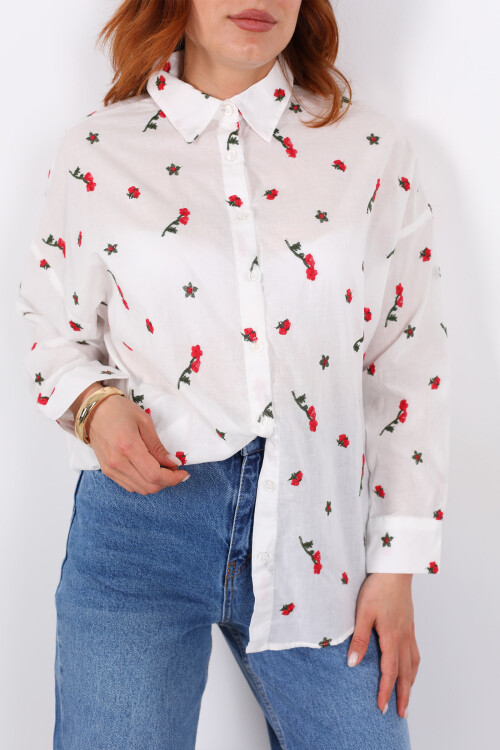 Çiçek Nakışlı Yakalı Beyaz Kadın Oversize Gömlek - 2