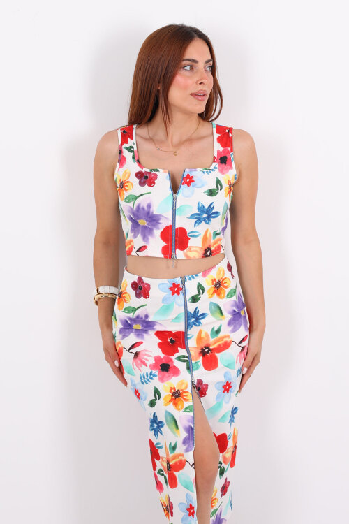 Çiçekli Kolsuz Fermuarlı Beyaz Kadın Crop-Etek Takım - 4