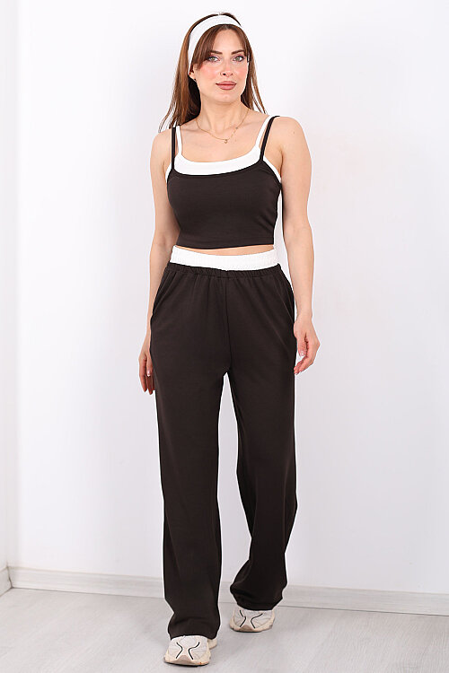 Çift Askılı Kadın Acı Kahve Crop-Pantolon Takım - 4
