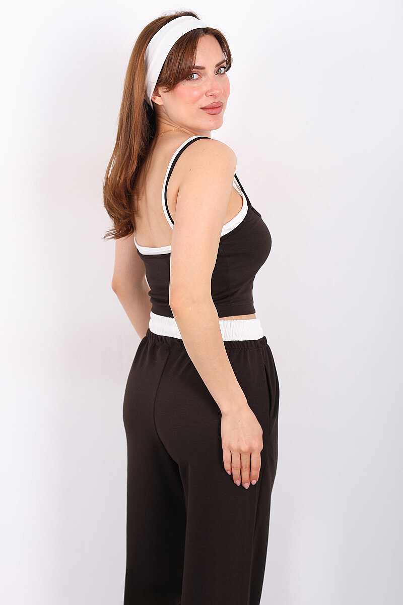 Çift Askılı Kadın Acı Kahve Crop-Pantolon Takım - 6