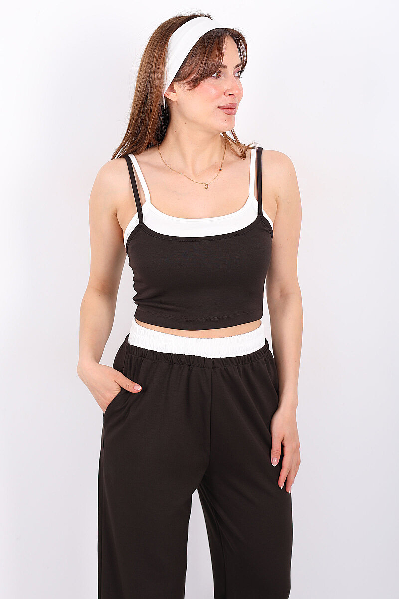 Çift Askılı Kadın Acı Kahve Crop-Pantolon Takım - 5