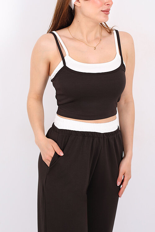 Çift Askılı Kadın Acı Kahve Crop-Pantolon Takım - Berox (1)