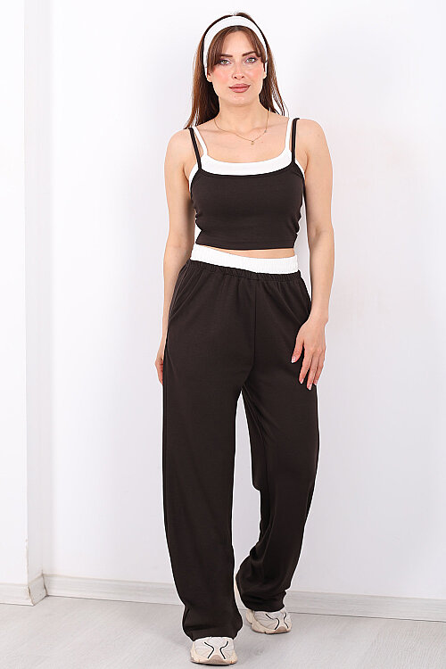 Çift Askılı Kadın Acı Kahve Crop-Pantolon Takım - 7