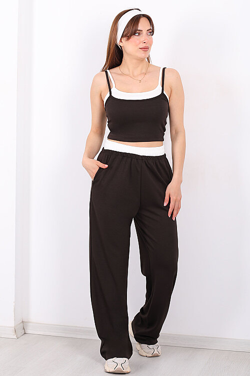 Çift Askılı Kadın Acı Kahve Crop-Pantolon Takım - Berox