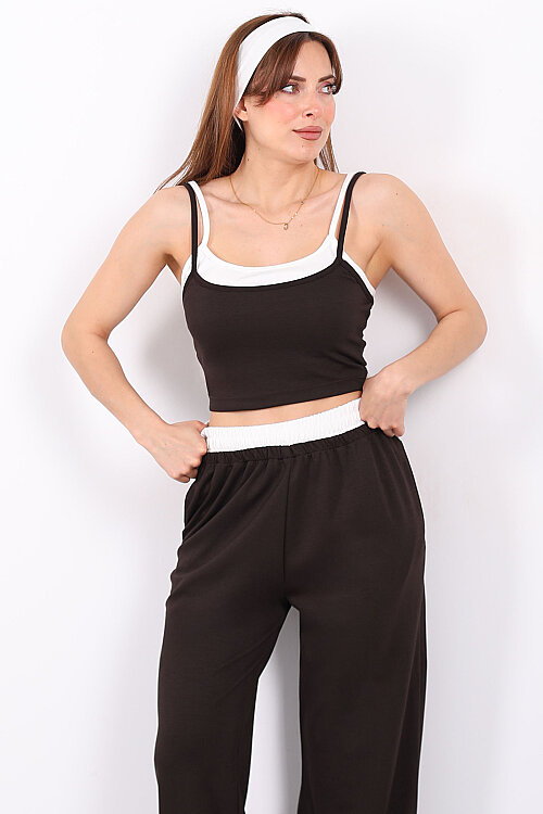 Çift Askılı Kadın Acı Kahve Crop-Pantolon Takım - 3