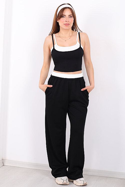Çift Askılı Kadın Siyah Crop-Pantolon Takım - 4