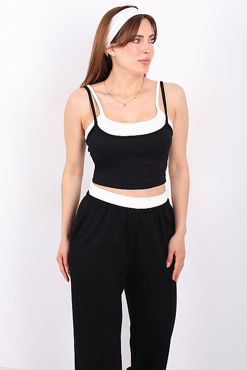 Çift Askılı Kadın Siyah Crop-Pantolon Takım - 3