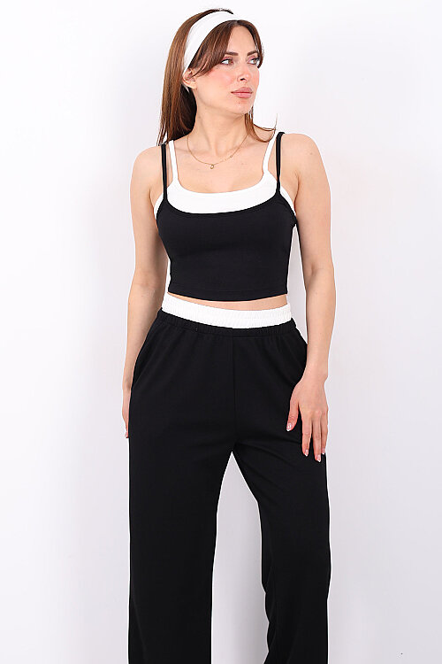 Çift Askılı Kadın Siyah Crop-Pantolon Takım - 5