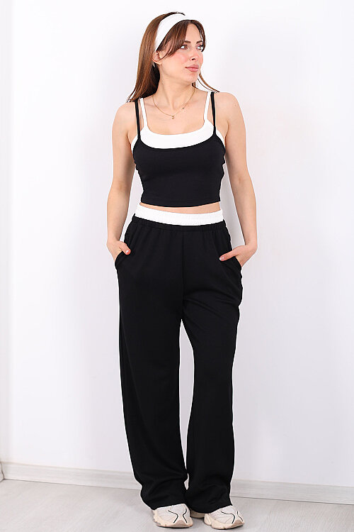 Çift Askılı Kadın Siyah Crop-Pantolon Takım - Berox