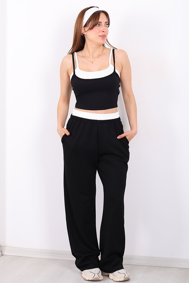 Çift Askılı Kadın Siyah Crop-Pantolon Takım - 1