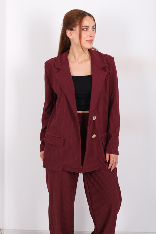 Çift Cep Görünümlü Kadife Bordo Kadın Blazer Ceket - 3