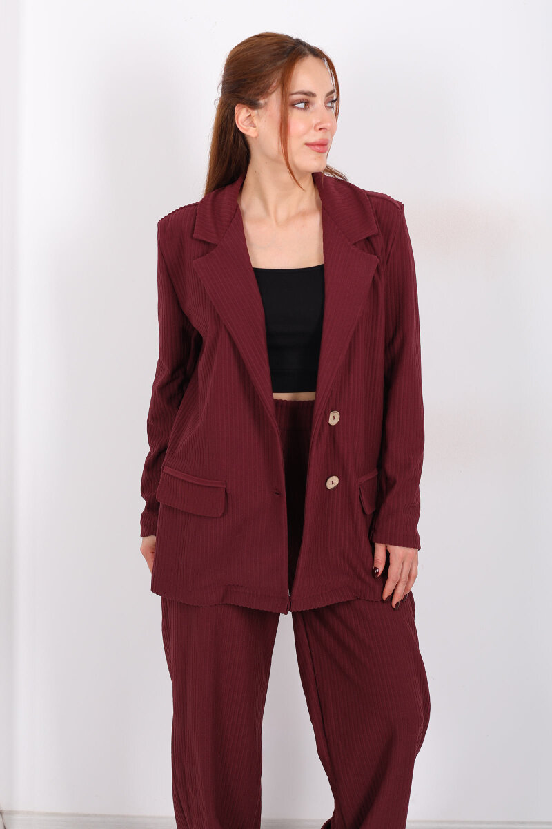 Çift Cep Görünümlü Kadife Bordo Kadın Blazer Ceket - 3