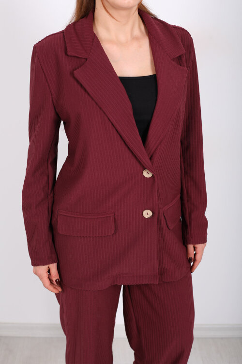 Çift Cep Görünümlü Kadife Bordo Kadın Blazer Ceket - Berox (1)