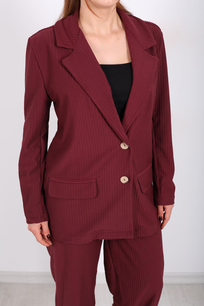 Çift Cep Görünümlü Kadife Bordo Kadın Blazer Ceket - 2